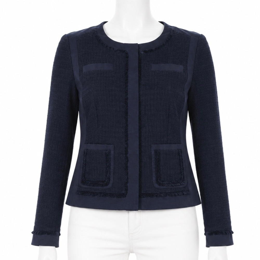 Ann Taylor Jacket Womens 10 Navy Blue Italian Fabric Fringe Trim Textured Blazer